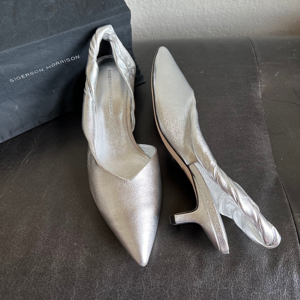 NWB Sigerson Morrison metallic leather Melina slingback heels 10